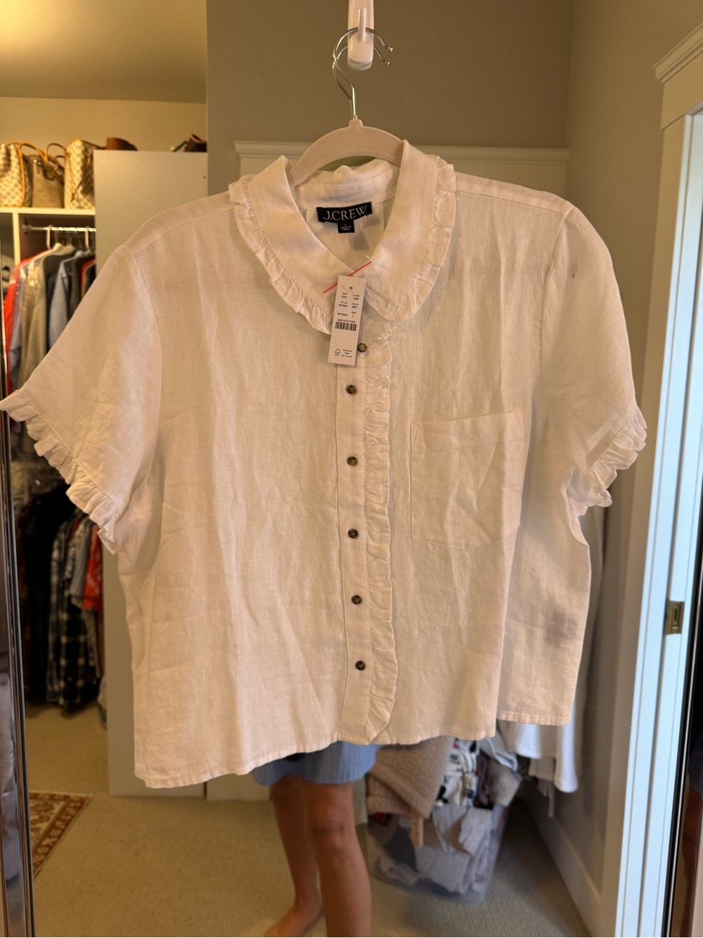 J.Crew White Ruffle-Trim Linen Button Front Top